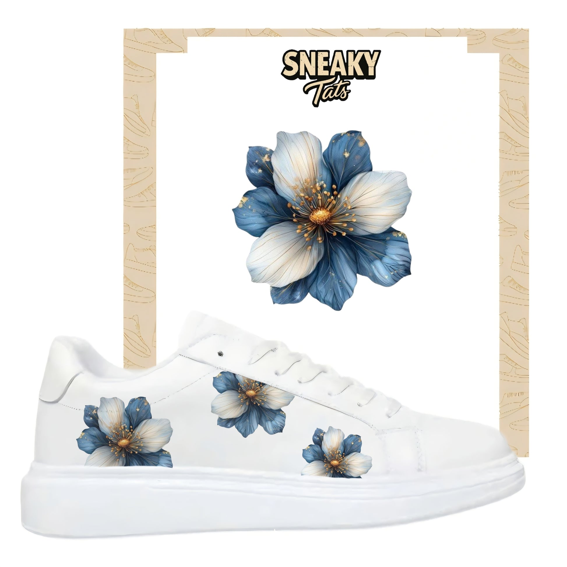 Bügelbilder für mehrere Sneakerarten Nike Puma Adidas Badelatschen Design blaue Blumen